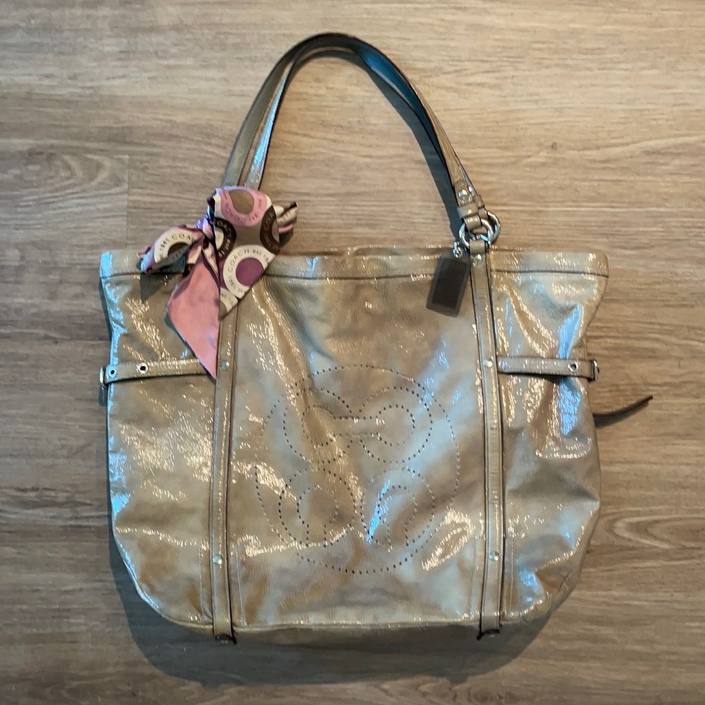 Coach Patent Leather Tote with Signature Scarf